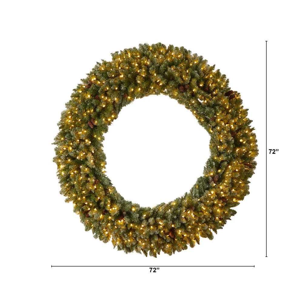 72 In. Prelit LED Giant Flocked Artificial Christmas Wreath With Pinecones, 400 Clear LED Lights 5 72 In. Prelit LED Giant Flocked Artificial Christmas Wreath With Pinecones, 400 Clear LED Lights - Image 3