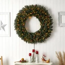 48 In. Prelit LED Large Flocked Artificial Christmas Wreath With Pinecones, Berries, 150 Clear LED Lights -Holiday Glow Store nearly natural christmas wreaths w1286 31 1000