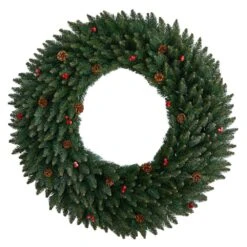 48 In. Prelit LED Large Flocked Artificial Christmas Wreath With Pinecones, Berries, 150 Clear LED Lights -Holiday Glow Store nearly natural christmas wreaths w1286 4f 1000