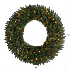 48 In. Prelit LED Large Flocked Artificial Christmas Wreath With Pinecones, Berries, 150 Clear LED Lights -Holiday Glow Store nearly natural christmas wreaths w1286 c3 1000