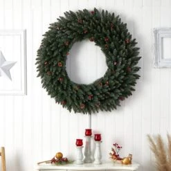 48 In. Prelit LED Large Flocked Artificial Christmas Wreath With Pinecones, Berries, 150 Clear LED Lights -Holiday Glow Store nearly natural christmas wreaths w1286 fa 1000
