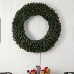 60 In. Prelit LED Large Flocked Artificial Christmas Wreath With Pinecones, Berries, 400 Clear LED Lights -Holiday Glow Store nearly natural christmas wreaths w1287 1f 1000
