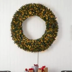 60 In. Prelit LED Large Flocked Artificial Christmas Wreath With Pinecones, Berries, 400 Clear LED Lights -Holiday Glow Store nearly natural christmas wreaths w1287 31 1000