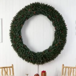 72 In. Pre-Lit LED Large Flocked Artificial Christmas Wreath With Pinecones, Berries, 600 Clear LED Lights -Holiday Glow Store nearly natural christmas wreaths w1288 1f 1000