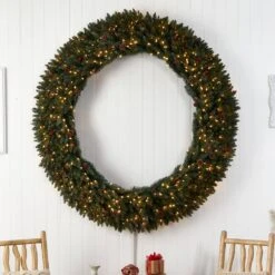 72 In. Pre-Lit LED Large Flocked Artificial Christmas Wreath With Pinecones, Berries, 600 Clear LED Lights -Holiday Glow Store nearly natural christmas wreaths w1288 31 1000