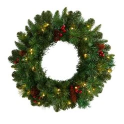 20 In. Prelit LED Frosted Pine Artificial Christmas Wreath With Pinecones, Berries And 35 Warm White LED Lights