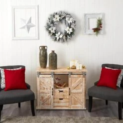 24 In. Prelit LED Flocked Poinsettia And Pine Artificial Christmas Wreath With 50 Warm White LED Lights -Holiday Glow Store nearly natural christmas wreaths w1307 fa 1000