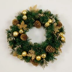 24 In. Pre-Lit Artificial Golden Frosted Christmas Wreath With 50-Warm White LED Lights Pinecones, Berries And Ornaments -Holiday Glow Store nearly natural christmas wreaths w1397 44 1000