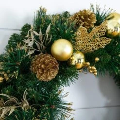 24 In. Pre-Lit Artificial Golden Frosted Christmas Wreath With 50-Warm White LED Lights Pinecones, Berries And Ornaments -Holiday Glow Store nearly natural christmas wreaths w1397 4f 1000