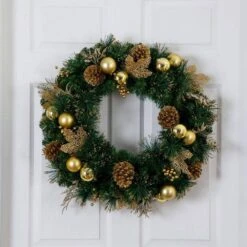 24 In. Pre-Lit Artificial Golden Frosted Christmas Wreath With 50-Warm White LED Lights Pinecones, Berries And Ornaments -Holiday Glow Store nearly natural christmas wreaths w1397 66 1000