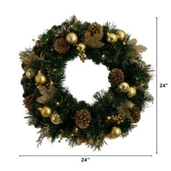 24 In. Pre-Lit Artificial Golden Frosted Christmas Wreath With 50-Warm White LED Lights Pinecones, Berries And Ornaments -Holiday Glow Store nearly natural christmas wreaths w1397 c3 1000