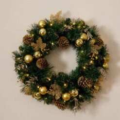 24 In. Pre-Lit Artificial Golden Frosted Christmas Wreath With 50-Warm White LED Lights Pinecones, Berries And Ornaments -Holiday Glow Store nearly natural christmas wreaths w1397 fa 1000