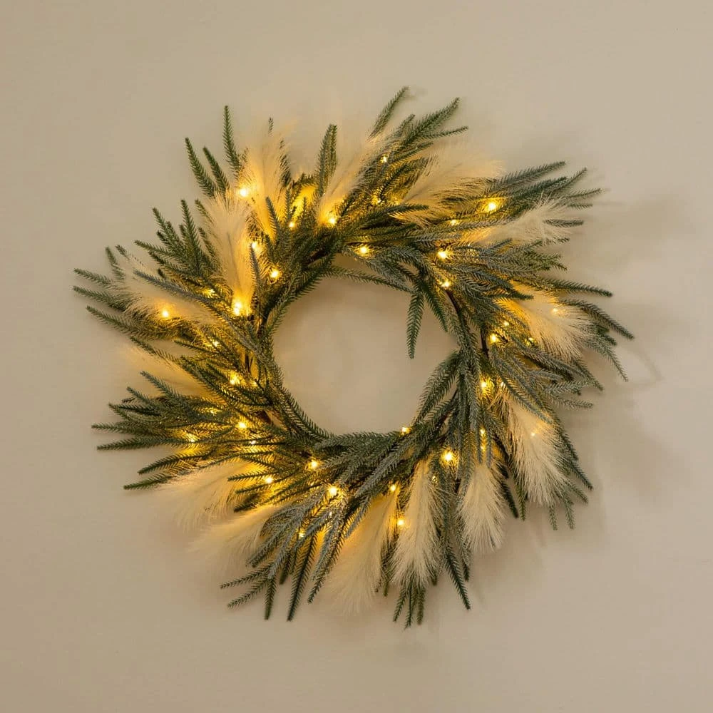 24 In. Artificial Balsam Fir Pine And Pampas Wreath With 50-Color Changing LED Lights 5 24 In. Artificial Balsam Fir Pine And Pampas Wreath With 50-Color Changing LED Lights - Image 3