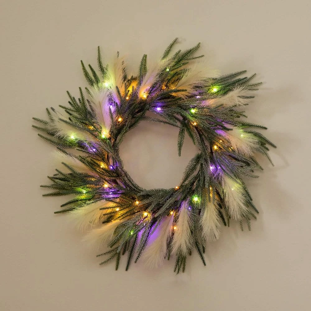 24 In. Artificial Balsam Fir Pine And Pampas Wreath With 50-Color Changing LED Lights 4 24 In. Artificial Balsam Fir Pine And Pampas Wreath With 50-Color Changing LED Lights - Image 2