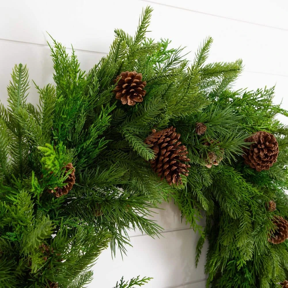 30 In. Artificial Norfolk Mixed Pine Wreath With Pinecones 4 30 In. Artificial Norfolk Mixed Pine Wreath With Pinecones - Image 2