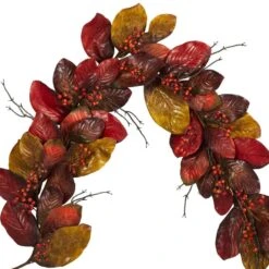 6 Ft. Autumn Magnolia Leaf With Berries Artificial Garland -Holiday Glow Store nearly natural fall garlands 4495 1f 1000