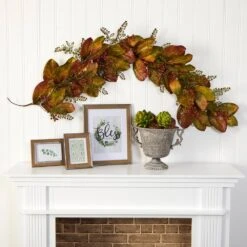 6 Ft. Autumn Magnolia Leaf And Berries Artificial Garland -Holiday Glow Store nearly natural fall garlands 4497 31 1000
