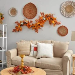 5.6 Ft. Orange Unlit Autumn Artificial Fall Garland With Maple Leaves And Pumpkins -Holiday Glow Store nearly natural fall garlands w1217 1f 1000