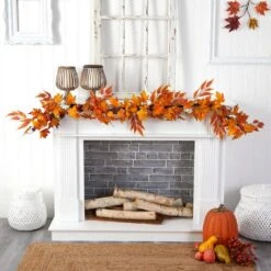 5.6 Ft. Orange Unlit Autumn Artificial Fall Garland With Maple Leaves And Pumpkins -Holiday Glow Store nearly natural fall garlands w1217 31 1000
