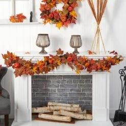 6 Ft. Orange Autumn Maple Leaf, Pumpkin, Gourd And Berry Artificial Fall Garland -Holiday Glow Store nearly natural fall garlands w1222 31 1000