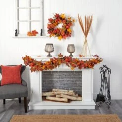 6 Ft. Orange Autumn Maple Leaf, Pumpkin, Gourd And Berry Artificial Fall Garland -Holiday Glow Store nearly natural fall garlands w1222 4f 1000