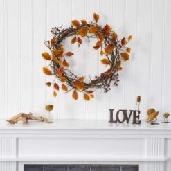 19 In. Harvest Leaf Berries And Twig Artificial Wreath -Holiday Glow Store nearly natural fall wreaths 4471 31 1000