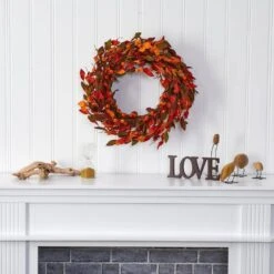 20 In. Harvest Leaf And Mini Pumpkin Artificial Wreath -Holiday Glow Store nearly natural fall wreaths 4472 31 1000
