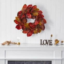 24 In. Harvest Magnolia Leaf And Berries Artificial Wreath -Holiday Glow Store nearly natural fall wreaths 4496 31 1000