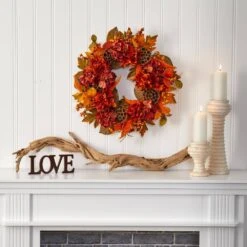 24 In. Fall Hydrangea, Lotus And Berries Artificial Wreath -Holiday Glow Store nearly natural fall wreaths 4653 31 1000