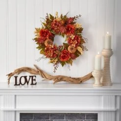 24 In. Fall Peony, Hydrangea And Pumpkin Artificial Wreath -Holiday Glow Store nearly natural fall wreaths 4657 31 1000