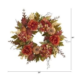 24 In. Fall Peony, Hydrangea And Pumpkin Artificial Wreath -Holiday Glow Store nearly natural fall wreaths 4657 4f 1000