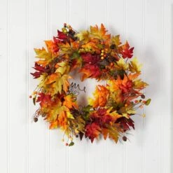 24 In. Green Autumn Maple Leaf And Berries Artificial Fall Wreath With Twig Base -Holiday Glow Store nearly natural fall wreaths w1258 31 1000