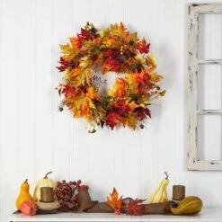 24 In. Green Autumn Maple Leaf And Berries Artificial Fall Wreath With Twig Base -Holiday Glow Store nearly natural fall wreaths w1258 4f 1000
