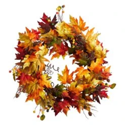 24 In. Green Autumn Maple Leaf And Berries Artificial Fall Wreath With Twig Base