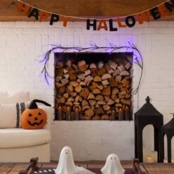 6.5ft. Pre-Lit Artificial Halloween Black Twig Garland With 48 Purple LED Lights -Holiday Glow Store nearly natural halloween garland w1379 31 1000