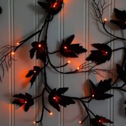 6.5ft. Pre-Lit Artificial Halloween Black Maple Garland With 48 Orange & Purple LED Lights -Holiday Glow Store nearly natural halloween garland w1380 fa 1000