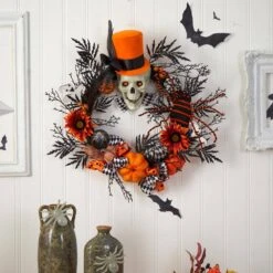 30 In. Orange Spider And Skull With Top Hat Halloween Wreath -Holiday Glow Store nearly natural halloween wreaths w1197 31 1000