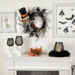 26 In. Black Dapper Skeleton Halloween Wreath -Holiday Glow Store nearly natural halloween wreaths w1199 1f 1000