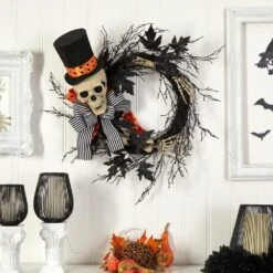 26 In. Black Dapper Skeleton Halloween Wreath -Holiday Glow Store nearly natural halloween wreaths w1199 31 1000