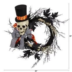26 In. Black Dapper Skeleton Halloween Wreath -Holiday Glow Store nearly natural halloween wreaths w1199 4f 1000