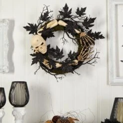 24 In. Black Skull And Bones Halloween Wreath -Holiday Glow Store nearly natural halloween wreaths w1206 31 1000