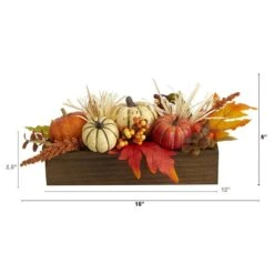 5 In. Tall Orange Harvest Pumpkin And Berries Artificial Arrangement In Wood Vase -Holiday Glow Store nearly natural indoor fall decorations 4650 1f 1000