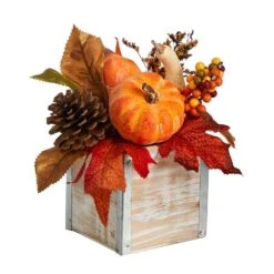 8 In. Orange Fall Pumpkin, Gourd, Berries And Pinecones Artificial Autumn Arrangement In Natural Washed Vase -Holiday Glow Store nearly natural indoor fall decorations a1787 4f 1000