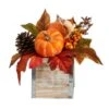 8 In. Orange Fall Pumpkin, Gourd, Berries And Pinecones Artificial Autumn Arrangement In Natural Washed Vase -Holiday Glow Store nearly natural indoor fall decorations a1787 64 1000