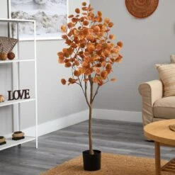 5 Ft. Orange Autumn Eucalyptus Artificial Tree -Holiday Glow Store nearly natural indoor fall decorations t2782 31 1000