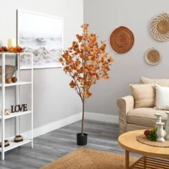 6 Ft. Orange Autumn Eucalyptus Artificial Tree -Holiday Glow Store nearly natural indoor fall decorations t2783 4f 1000