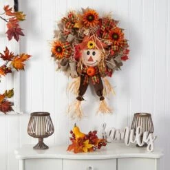 30 In. Orange Scarecrow Fall Artificial Autumn Wreath With Sunflower, Pumpkin And Decorative Bows -Holiday Glow Store nearly natural indoor fall decorations w1192 31 1000