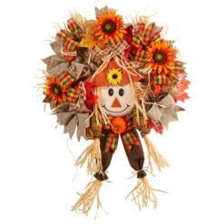 30 In. Orange Scarecrow Fall Artificial Autumn Wreath With Sunflower, Pumpkin And Decorative Bows