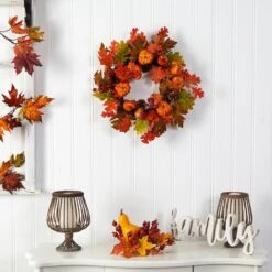 20 In. Orange Autumn Assorted Maple Leaf, Pumpkin Gourd, Pinecone And Berry Artificial Fall Wreath 7 20 In. Orange Autumn Assorted Maple Leaf, Pumpkin Gourd, Pinecone And Berry Artificial Fall Wreath -Holiday Glow Store nearly natural indoor fall decorations w1221 31 1000