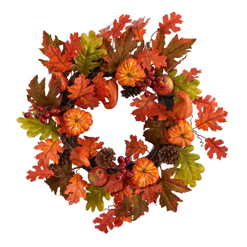 20 In. Orange Autumn Assorted Maple Leaf, Pumpkin Gourd, Pinecone And Berry Artificial Fall Wreath 3 20 In. Orange Autumn Assorted Maple Leaf, Pumpkin Gourd, Pinecone And Berry Artificial Fall Wreath